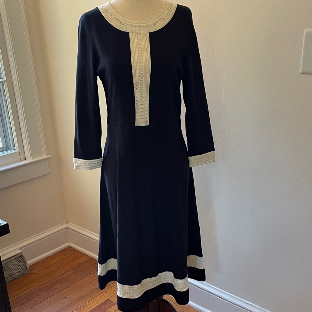 Talbots Petites Black Knit Midi Dress Cream Trim MP | Classic Mod Style